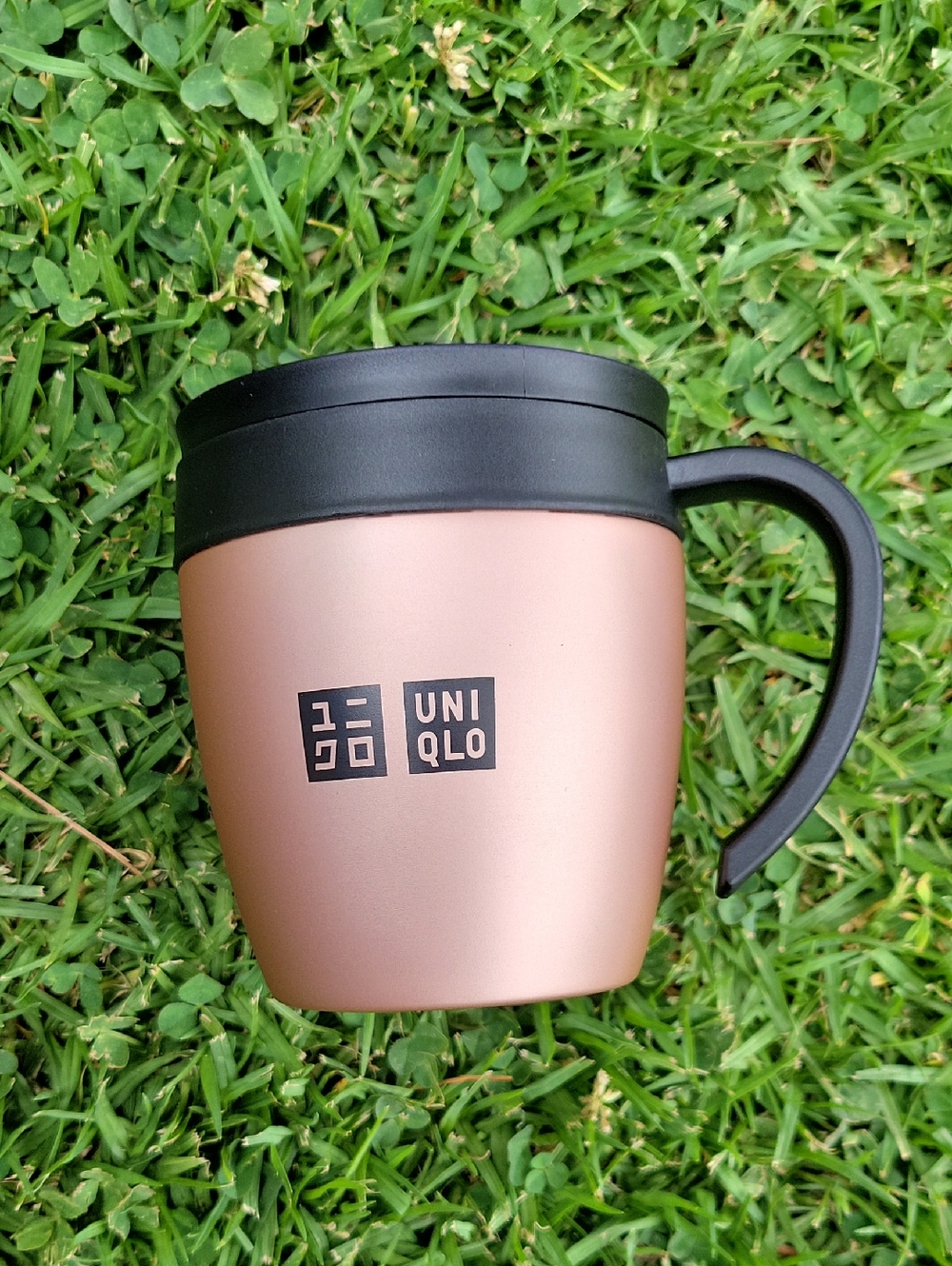 Uniqlo Rose Gold Travel Mug with Black Lid and Handle